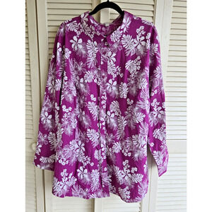 Woman Within Blouse 3X (30/32) Purple/White Floral Button Up Poplin Feminine